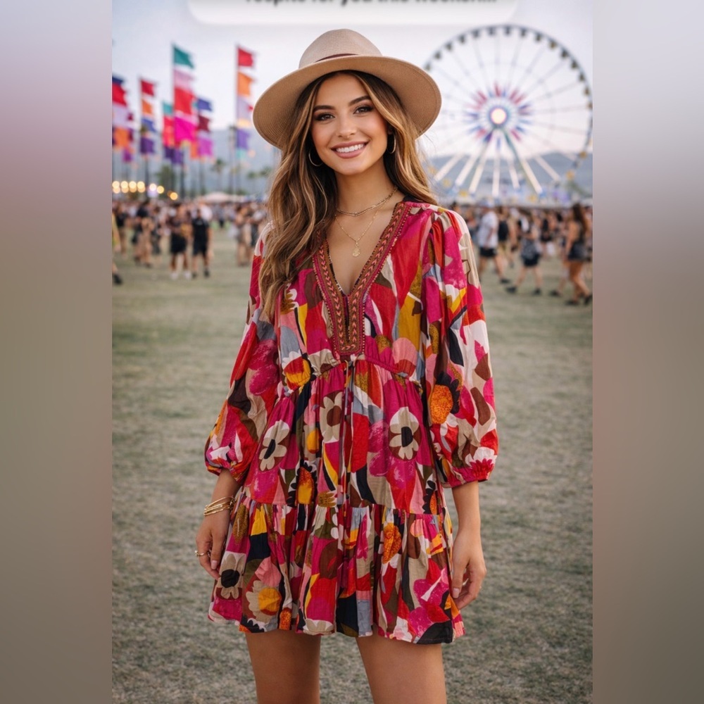 Kaktus Bright Floral Boho V-Neck Tunic Dress dress size Large